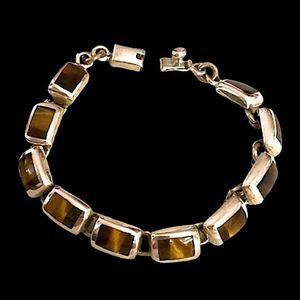 TAXCO Sterling Silver Tigers Eye Cabochon Link Bracelet